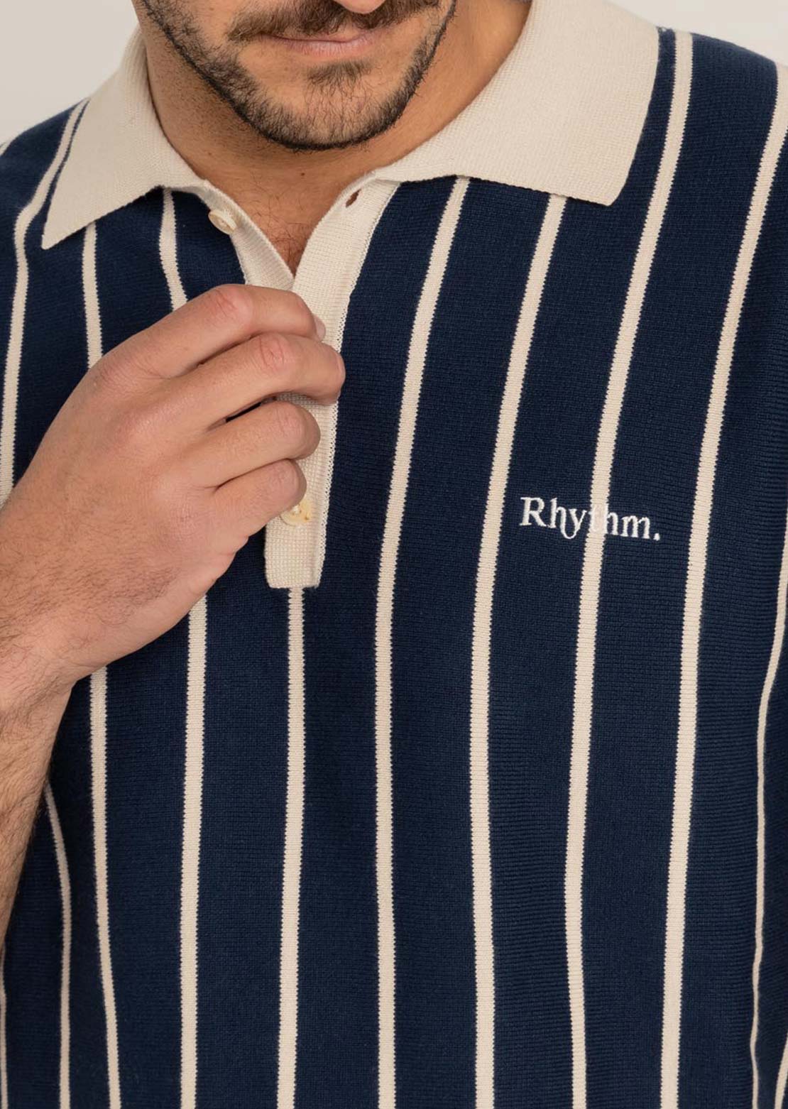 Stripes Knit Polo In Navy